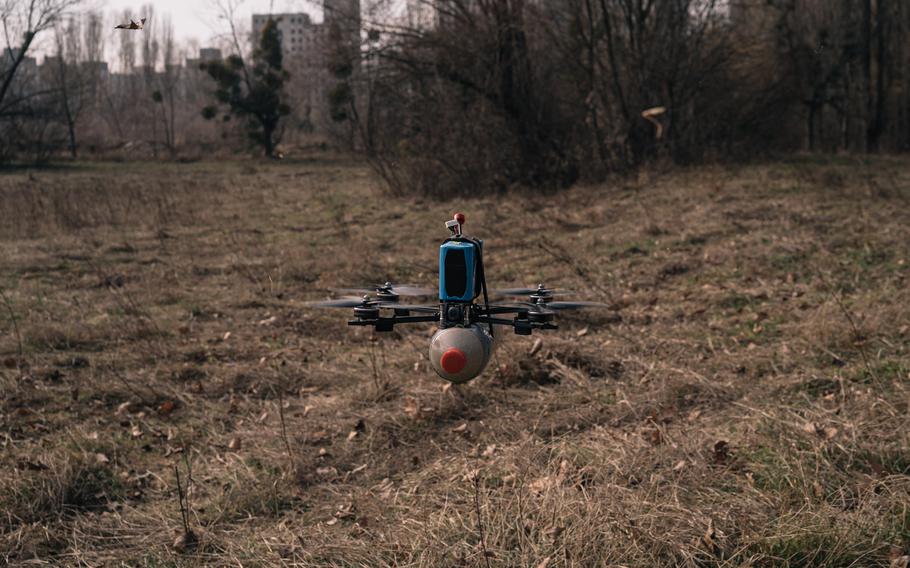 A homemade first-person view drone, or FPV, hovers during testing on March 2, 2024, in Kyiv.