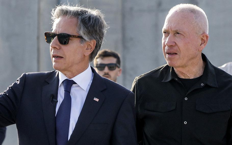 U.S. Secretary of State Antony Blinken, left, and Israeli Defense Minister Yoav Gallant at the Kerem Shalom border crossing with the Gaza Strip in southern Israel on May 1, 2024.