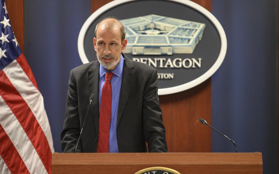 Defense Department Comptroller Mike McCord speaks in November 2021 during a news conference at the Pentagon.