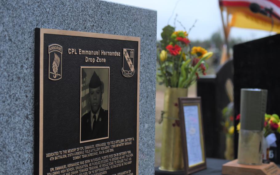 A plaque commemorating Cpl. Emmanuel Hernandez now stands at the entrance of the drop zone named after him at the Grafenwoehr Training Area in Germany, April 20, 2023.