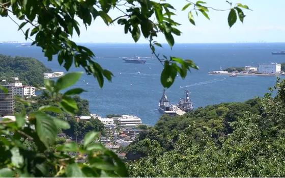 This video screenshot shows the view of Tokyo Bay from Tsukayama Park near Yokosuka Naval Base, Japan, on May 24, 2023.