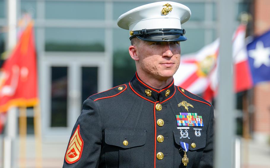 Marine Raider Staff Sgt. Nicholas Jones was presented the Navy Cross on Thursday, Aug. 26 at Camp Lejeune. Jones, a member of the elite 2nd Marine Raider Battalion was awarded the nation’s second highest medal for battlefield heroics for his actions in a deadly fight with Islamic State group militants in Iraq in March 2020. 