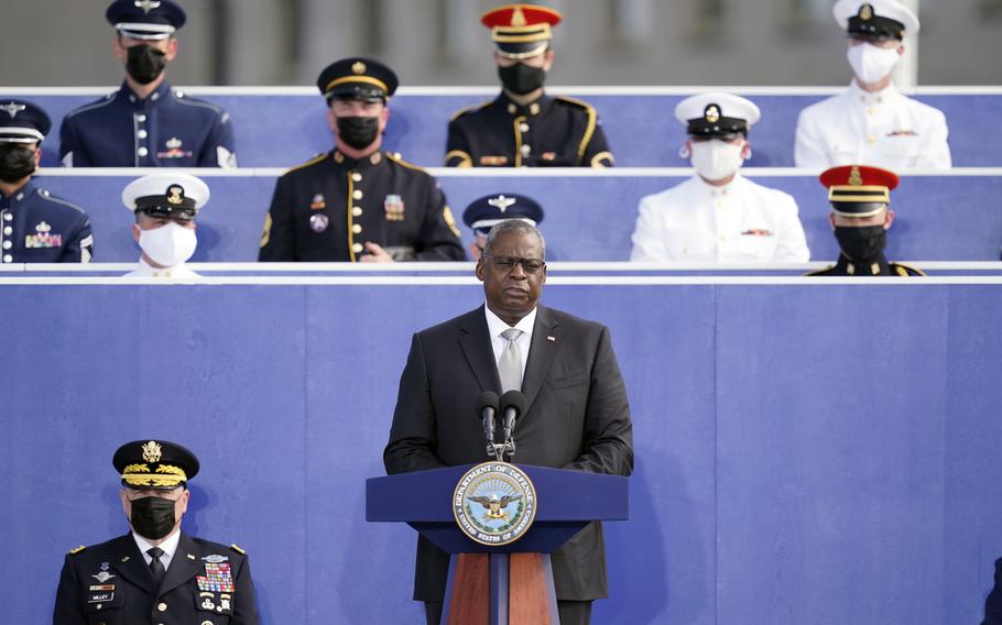 Defense Secretary Lloyd Austin speaks during an observance ceremony at the Pentagon on Saturday, Sept. 11, 2021, on the morning of the 20th anniversary of the terrorist attacks. 