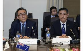 South Korea's Minister of Foreign Affairs, Cho Tae-yul, left, is alongside South Korea's National Defense Minister Shin Won-sik during an Australia and South Korea Foreign and Defence Ministers meeting in Melbourne, Australia, Wednesday, May 1, 2024. (Asanka Brendon Ratnayake/Pool Photo via AP)
