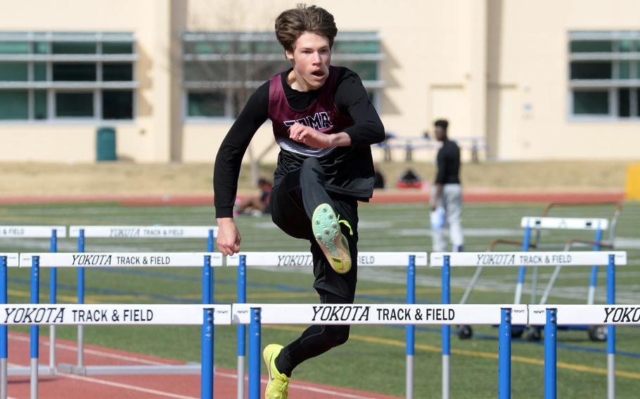 Jayden Steill won both the 110 and 300 hurdles for Zama in Saturday’s DODEA-Japan track meet at Yokota.