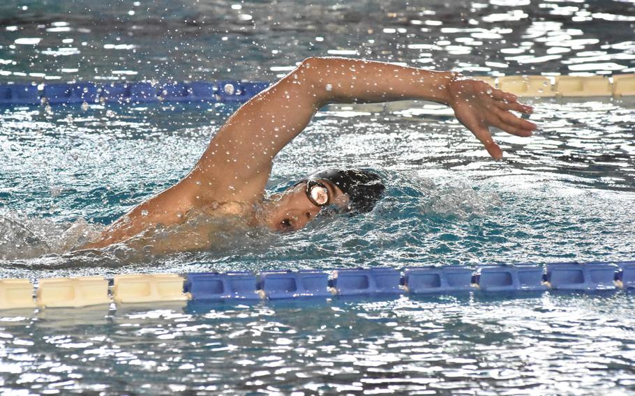 Mason Koeth, a senior at Wiesbaden High and member of the Wiesbaden Wahoos, won the boys 17-19 800-meter freestyle event Saturday, Nov. 26, 2022, at the European Forces Swim League Long Distance Championships at Lignano Sabbiadoro, Italy. 