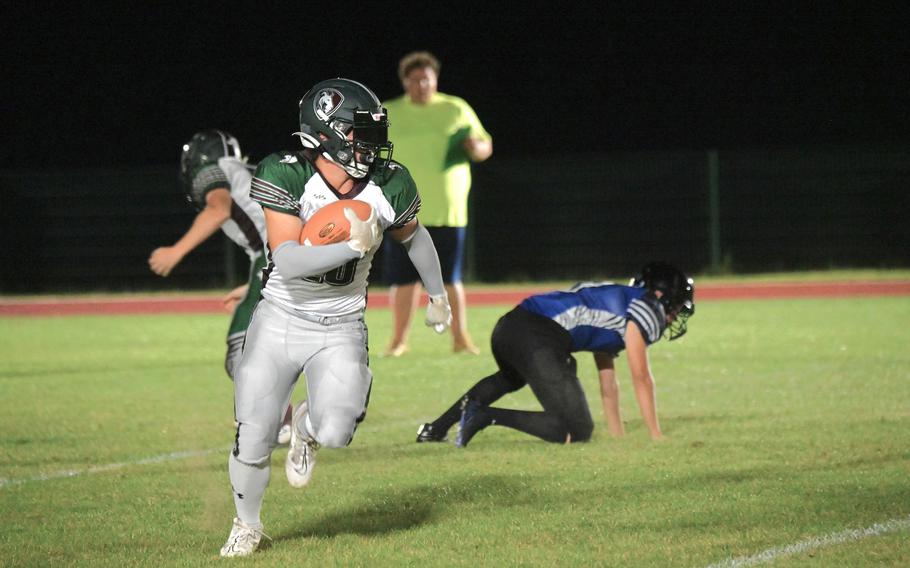 AFNORTH’s Nik Fulde rushes in the second touchdown of the night during a win against the Hohenfels Tigers on Sept. 29, 2023 at Hohenfels Middle High School. Fulde finished the night with a touchdown and a handful of two-point conversions. 