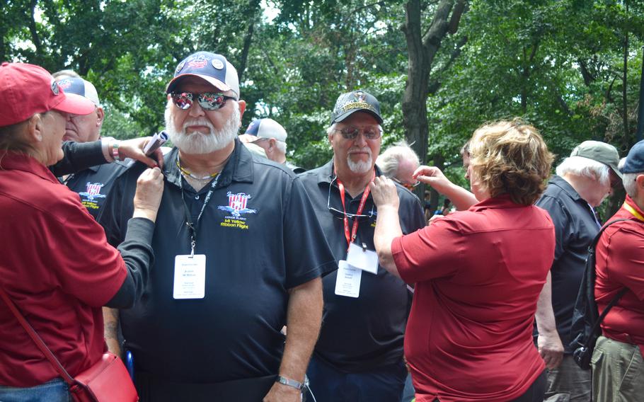 Navy veteran Mike Goodpaster, 72, and Army veteran Adien Dillenbeck, 73, received pins Saturday, June 18, 2022, during a ceremony held at the Vietnam Veterans Memorial in Washington, D.C. The two men were part of an Honor Flight from Michigan of Vietnam veterans.