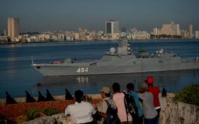 Russian Navy Admiral Gorshkov frigate arrives at the port of Havana, Cuba, Monday, June 24, 2019. A flotilla of Russian Navy vessels entered Havana Harbor early Monday morning, a sign of solidarity between Russia and Cuba after the deepening rift with the United States, which stopped all U.S. cruise ships from visiting the country earlier this month. (AP Photo/Ramon Espinosa)