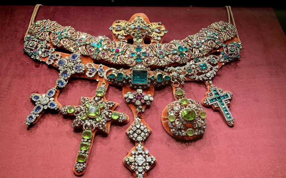 This necklace on display in the Museum of the Treasure of San Gennaro features diamonds, emeralds, rubies and sapphires donated by kings, queens, popes, the nobility and others in Europe over the centuries. It is used to adorn a bust of San Gennaro during processions. 