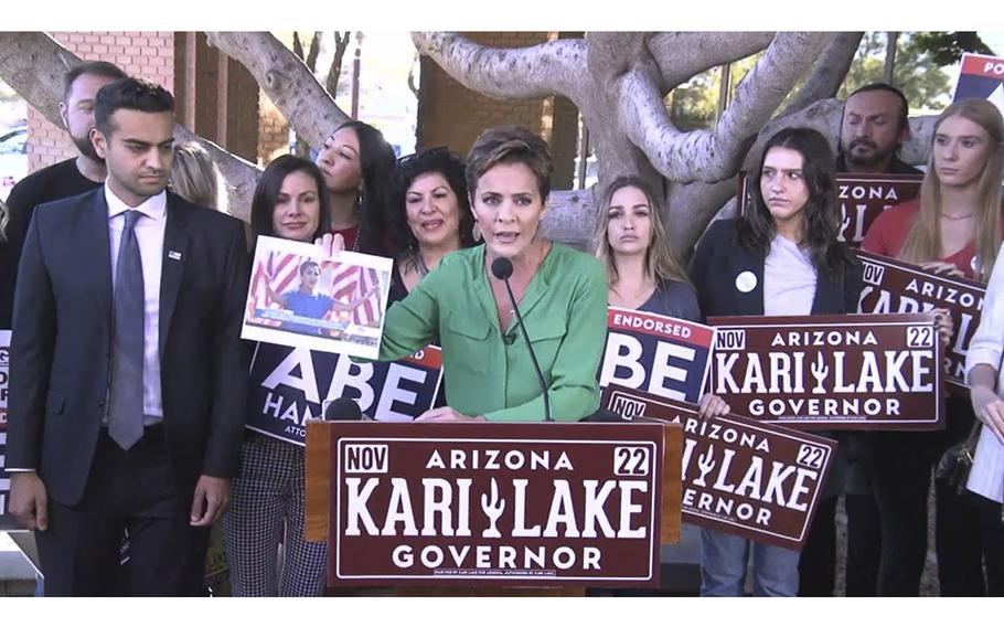 After being implicitly blamed for a break-in at the campaign office of her democratic gubernatorial  rival, GOP candidate Kari Lake held a press conference as seen in this screen grab from a video posted on Thursday, Oct. 27, to expose how fake news is made.