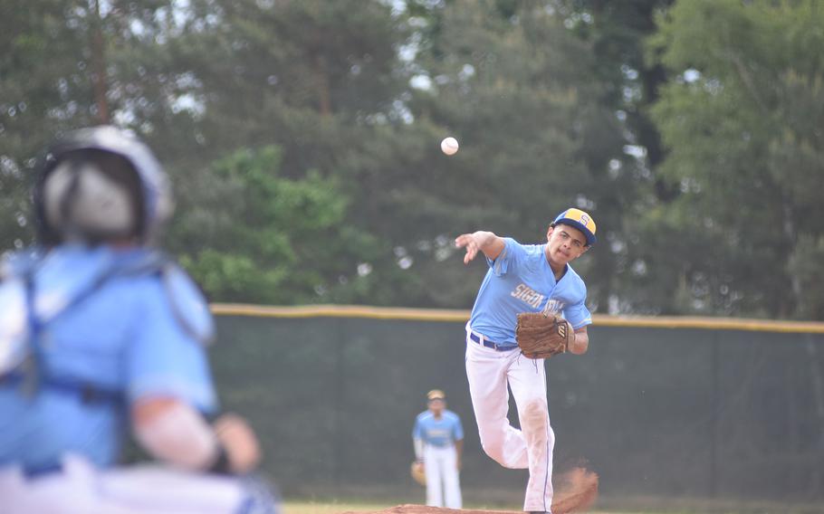 Sigonella pitcher Ryan Miniard delivers a pitch on Wednesday, May 21, 2025, during the opening day of the DODEA-Europe Division II/III baseball championships at Kaiserslautern, Germany.