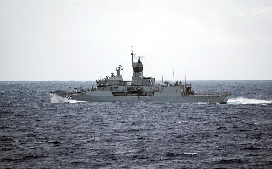 The Australian navy frigate HMAS Toowoomba steams through the Pacific Ocean ahead of live-fire training in July 2018.