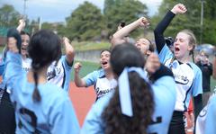 The Cougars celebrate following their 14-5 win over Daegu for the DODEA-Korea softball district title.