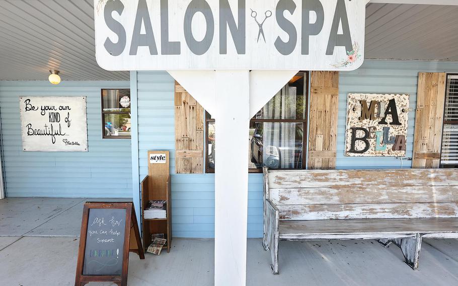 Mia Bella Salon & Spa in Fruitland Park is pictured on Tuesday, March 22, 2022. A sign outside invites customers to "Ask how you can help support Ukraine."