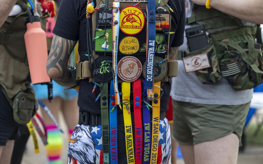 Veteran patches and tags on a backpack