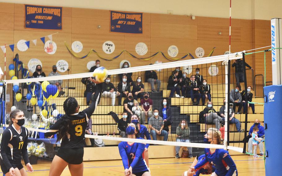 Stuttgart’s Ayana Gomez taps the ball over the net during the Stuttgart-Ramstein volleyball game played in Wiesbaden on Saturday, Oct. 9, 2021. 