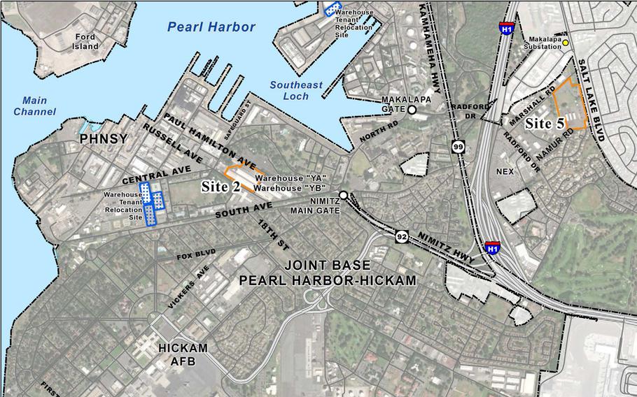 The Navy plans to lease out two sites on Joint Base Pearl Harbor-Hickam, Hawaii, outlined in orange, for construction of biofuel and solar energy plants intended to give the service greater energy resiliency.