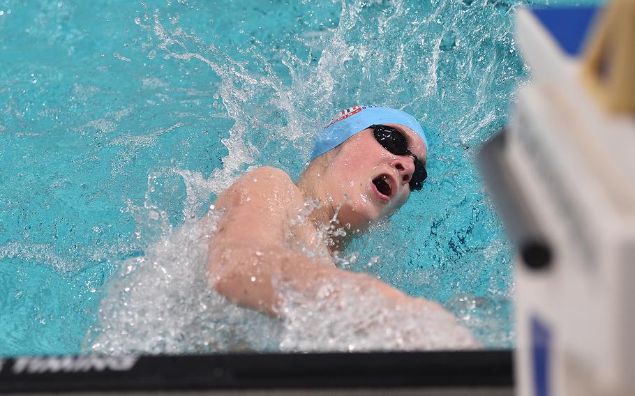 Kaiserslautern Kingfish Jacob Furqueron makes the turn in the 13-year-old boys 100-meter butterfly during the European Forces Swim League Short-Distance Championships on Feb. 10, 2024,  at the Pieter van den Hoogenband Zwemstadion at the Nationaal Zwemcentrum de Tongelreep in Eindhoven, Netherlands.