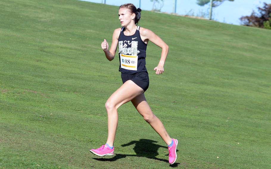 Humphreys' Reagan McGuire, the Division I winner, heads for the finish of the Far East cross country meet girls race.