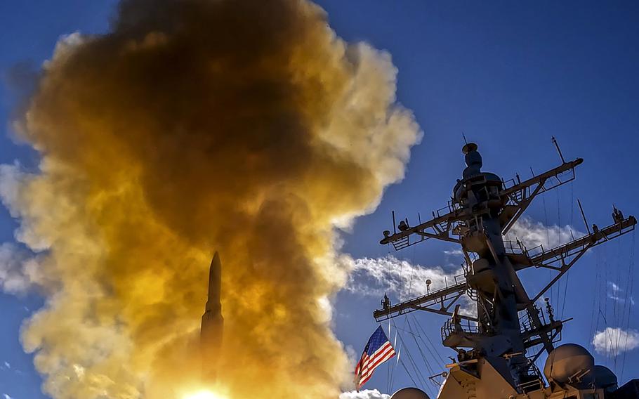 The guided-missile destroyer USS Rafael Peralta fires an SM-2 missile during a Talisman Sabre drill in the Coral Sea, July 22, 2023. 