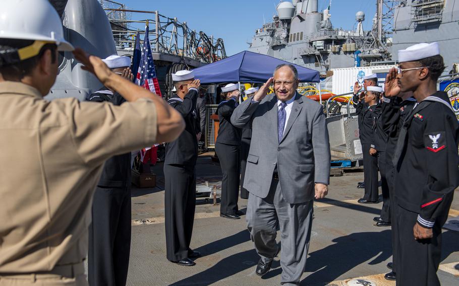 Navy Secretary Carlos Del Toro aboard the Ticonderoga-class guided missile cruiser USS Cowpens during a visit Feb. 15, 2023, to Naval Base San Diego. 