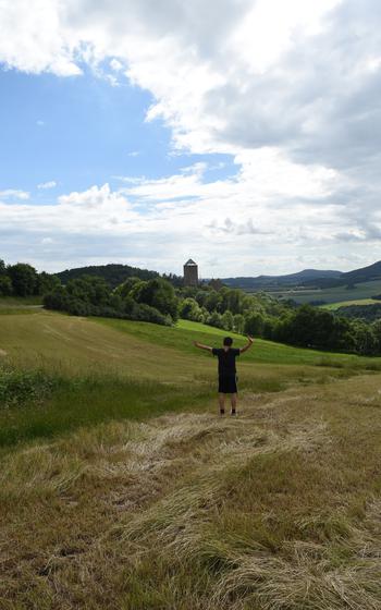 A favorite place to get a photo is in a field with the Lichtenberg Castle tower in the background. 