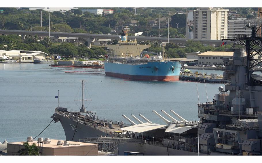 Merchant tanker Yosemite Trader, moored at Joint Base Pearl Harbor-Hickam, Hawaii, completes the gravity draining fuel transfer process from the Red Hill Bulk Fuel Storage Facility on Dec. 7, 2023. 