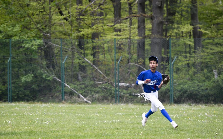 Ramstein’s Christian Roy snags a fly ball in a game against Kaiserslautern on Saturday, April 30, 2022, in Kaiserslautern, Germany.