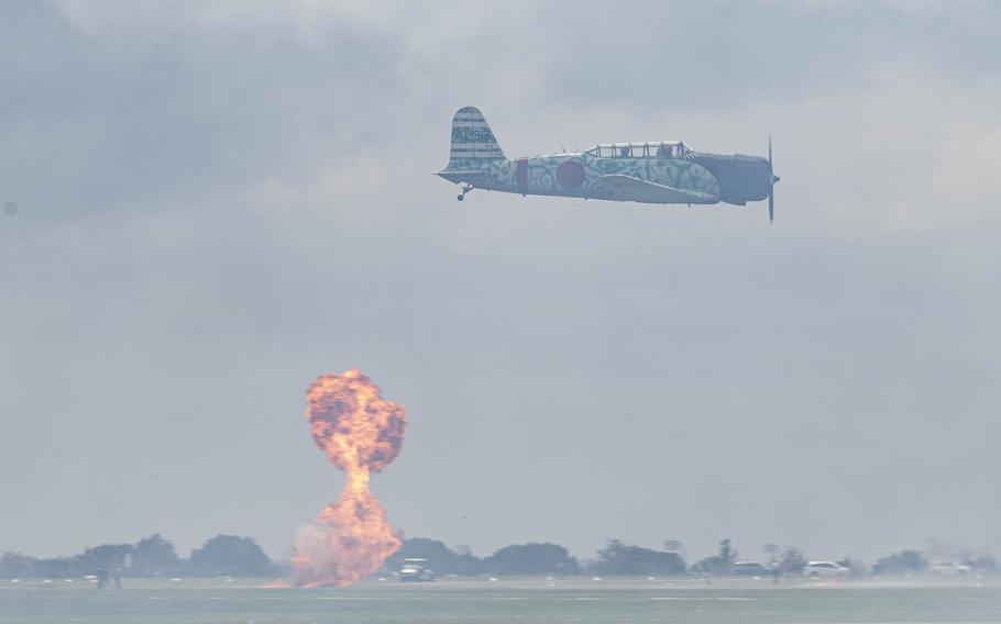 Aircraft from demonstration team Tora! Tora! Tora! perform aerial stunts during The Great Texas Airshow, Saturday, April 6, 2024, at Joint Base San Antonio-Randolph, Texas. “Tora, Tora, Tora” is the Commemorative Air Force’s recreation of the Japanese attack on Pearl Harbor. 