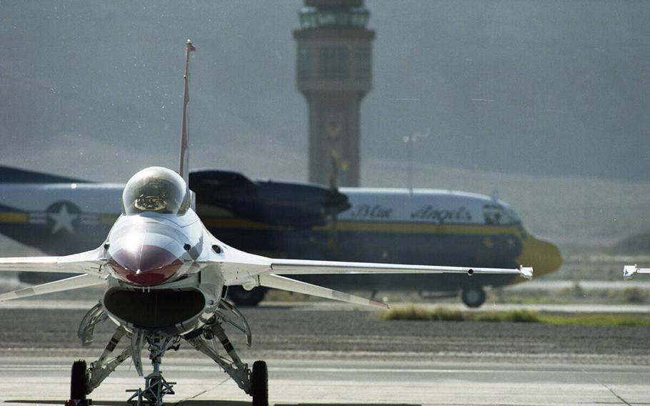 The Blue Angels and the Air Force Thunderbirds at a joint practice at Nellis Air Force Base on Oct. 7, 1997. 