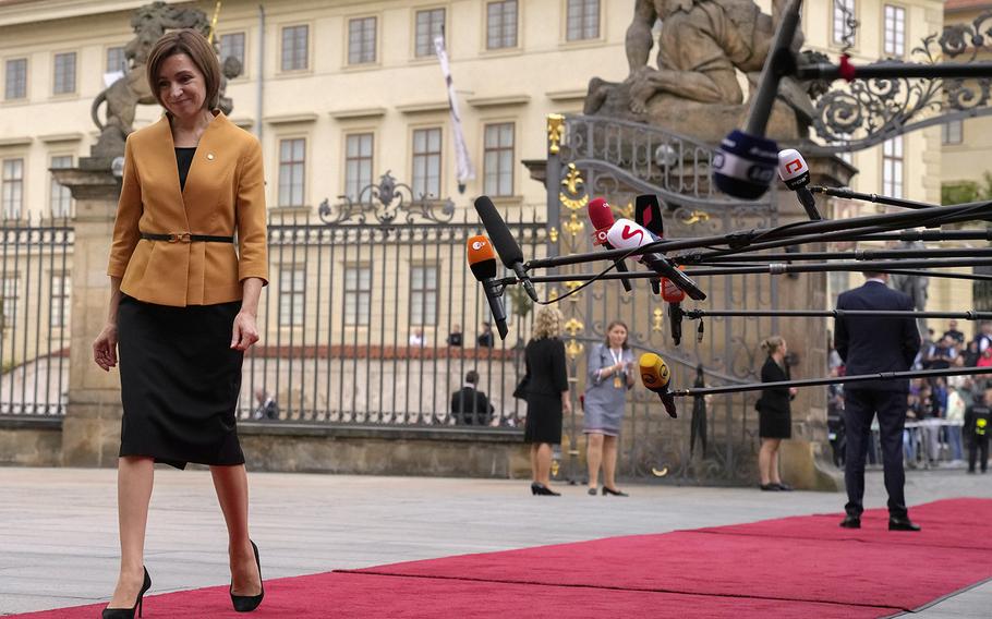 Moldova’s President Maia Sandu arrives for a meeting of the European Political Community at Prague Castle in Prague, Czech Republic, on Oct 6, 2022.