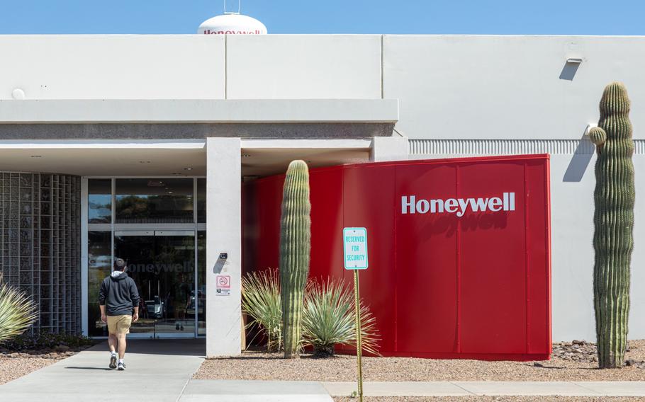 Signage outside the Honeywell avionics facility in Phoenix, Ariz., on Friday, April 8, 2022.