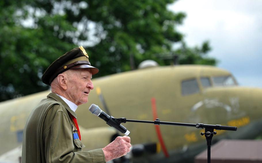 Retired U.S. Air Force Col. Gail Halvorsen was a guest speaker at Frankfurt Airport on Wednesday, June 26, 2013, during a ceremony commemorating the 65th anniversary of the beginning of the Berlin Airlift. Halvorsen was among the pilots who took part in the airlift. In the background is a C-47 airplane that is part of the Berlin Airlift Memorial.