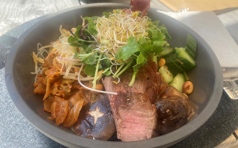A summertime bowl served at Joujou consisting of flank steak, glass noodles, peanuts and diverse vegetables. The restaurant has a variable menu and isn’t beholden to any particular type of cuisine.