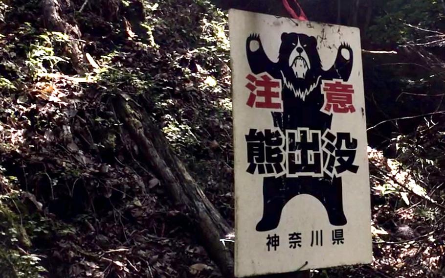 A sign signals passersby that they may encounter a bear along the Tsutsuji Shindo Trail in the Tanzawa mountains of western Kanagawa prefecture, Japan.