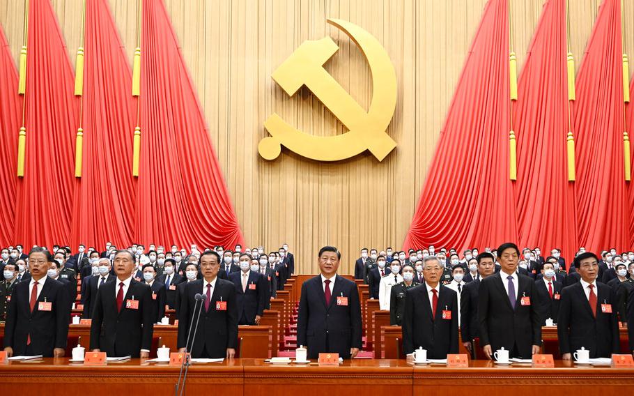 Chinese Communist Party leaders. attend the opening ceremony of the 20th National Congress of the Communist Party of China at the Great Hall of the People in Beijing, Oct. 16, 2022. China on Sunday (Asia time) opened a conference at which leader Xi Jinping received a third five-year term that breaks with recent precedent and establishes himself as arguably the most powerful Chinese politician since Mao Zedong.