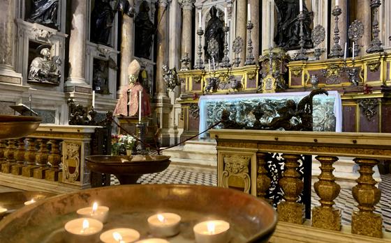 The reliquary bust of San Gennaro, the patron saint of Naples, on the altar of the chapel holds the skull bones of the saint. Several of his relics, including vials of blood, are safeguarded at the Italian city's cathedral. 