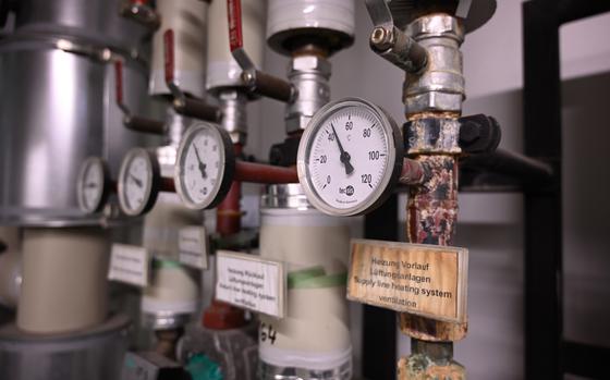 Utility meters in a building on Rhine Ordnance Barracks in Kaiserslautern, Germany. The U.S. Army in Germany says it will not go along with the country's new measures to cut energy consumption amid supply worries, but will look for other ways to save energy.