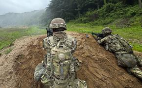 Soldiers with the Theater Air Naval Ground Operations, or TANGO, security force fire from cover at the Rodriguez Live Fire Complex in Pocheon, South Korea, June 25, 2025.
