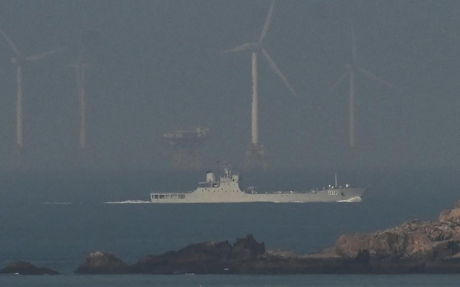 A Chinese navy landing ship sails towards the zone where China said it would conduct live fire exercises northeast of Pingtan island, the closest point in China to Taiwan, in China’s southeast Fujian province on April 10, 2023.