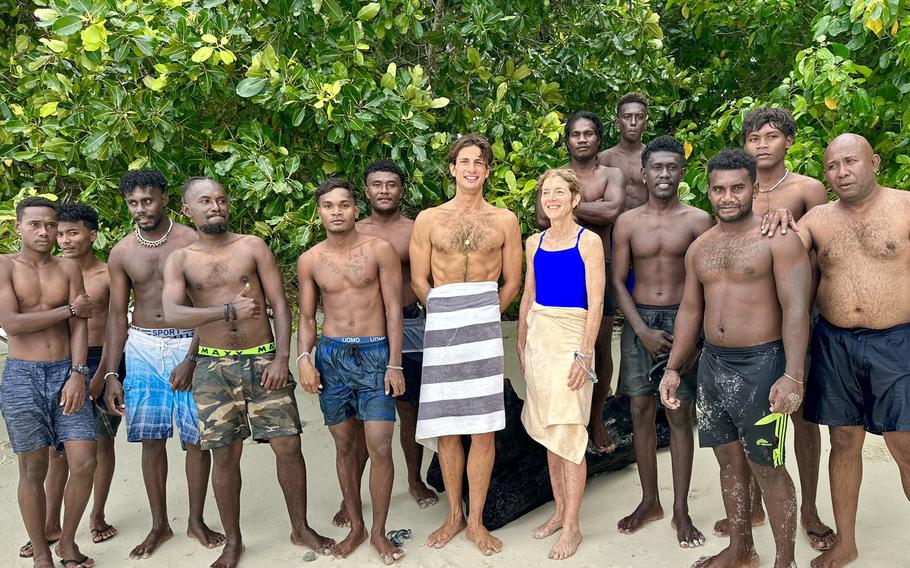 U.S. Ambassador to Australia Caroline Kennedy and her son, Jack Schlossberg, pose with members of the Solomon Scouts in the Solomon Islands, Wednesday, Aug. 2, 2023.
