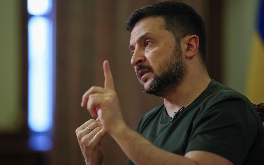 Ukraine’s President Volodymyr Zelenskyy speaks about Russia’s attack on Ukraine during an interview with Reuters in Kyiv, Ukraine, on Monday, May 20, 2024.