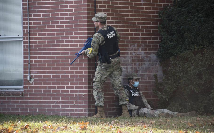 Soldiers from the 385th Military Police Battalion, 3rd Infantry Division participate in an active shooter scenario during Stewart Guardian, Dec. 3 on Fort Stewart. 