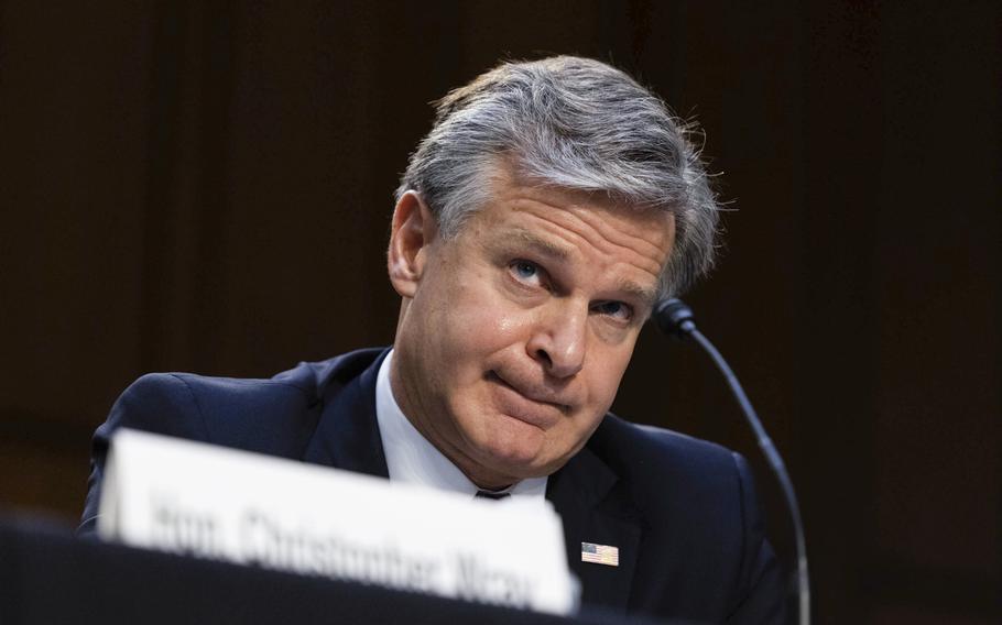 FBI Director Christopher Wray testifies testifies on Capitol Hill in Washington on Wednesday, Sept. 15, 2021, during a Senate Judiciary hearing about the Inspector General’s report on the FBI’s handling of the Larry Nassar investigation.