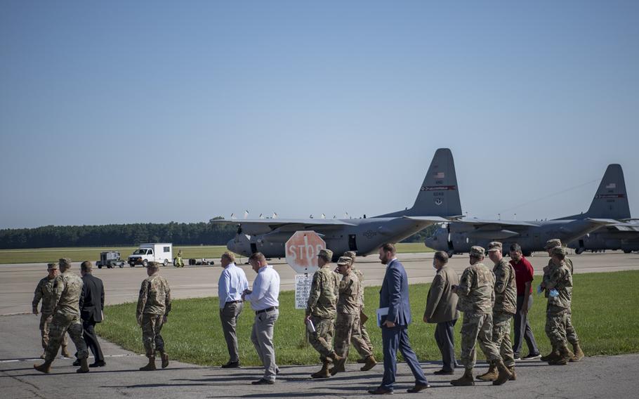 A site survey team visits the 179th Airlift Wing, Mansfield, Ohio, as part of the Air Force site selection process for a possible Cyber Warfare Wing, Aug. 3, 2021. The Department of the Air Force recently announced it has identified Ohio’s Mansfield-Lahm Air National Guard Base as the preferred location for a new Cyber Warfare Wing mission. 