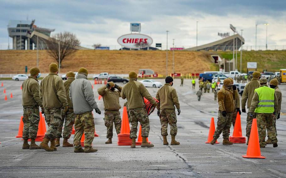 Missouri National Guard members set up a COVID-19 mass vaccination center at Arrowhead Stadium. Missourians on Tuesday voted to split the state’s National Guard off into its own department. 