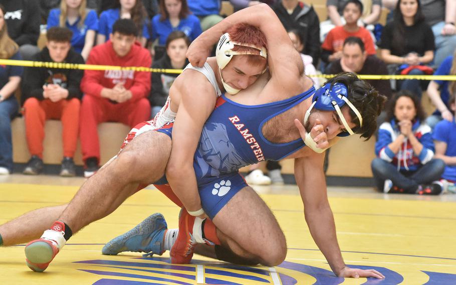 Lakenheath’s Elijah Hutton defeated Ramstein’s Nathan Rutlege in a 175-pound semifinal match Saturday, Feb. 10, 2024, at the DODEA European Wrestling Championships in Wiesbaden, Germany.