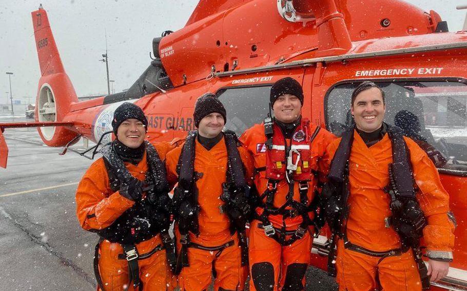 The Coast Guard crew that pulled a woman from a car at the brink of Niagara Falls on Wednesday, Dec. 8, 2021, are from left: Petty Officer 2nd Class Jon Finnerty, Lt. Jake Wawrzyniak, Petty Officer 2nd Class Derrian Duryea and Lt. Christopher Monacelli.