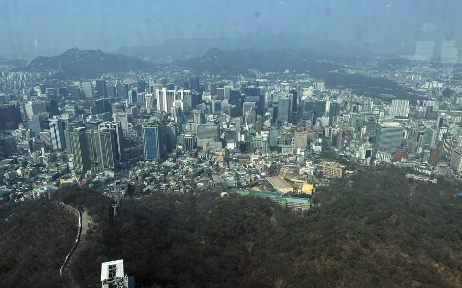 A view of South Korea's capital from atop Namsan Seoul Tower on March 7, 2023. 